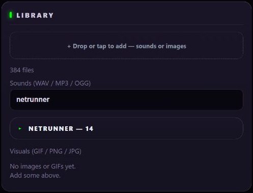 Mission Control's library, where you add your own sounds and images