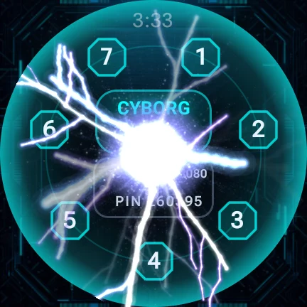 CosNFX on a real watch — the Cyborg identity armed, voltaic lightning arcing across the face