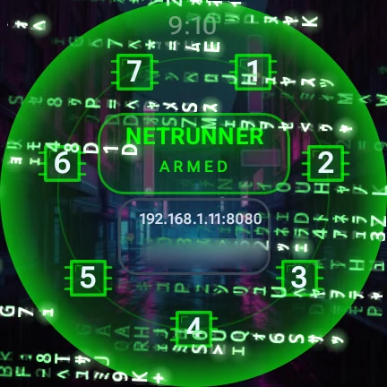 CosNFX on a real watch — the Netrunner identity armed, code rain over a cyberpunk backdrop